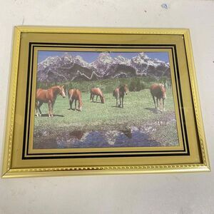 VTG Print Reflective Foil Type Mountains Horses Gold Framed Hanging Decor HLBN